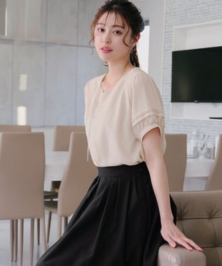 Tiaclasse L 【洗える】シアーチェック柄パフスリーブブラウス ベージュ