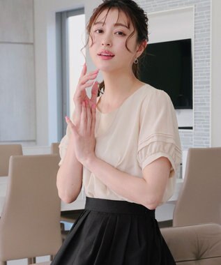 Tiaclasse L 【洗える】シアーチェック柄パフスリーブブラウス ベージュ