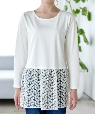 Tiaclasse 【安田美沙子さん着用・選べる裾】 レイヤードヘムカットソーTシャツ オフ×白レース裾フレア