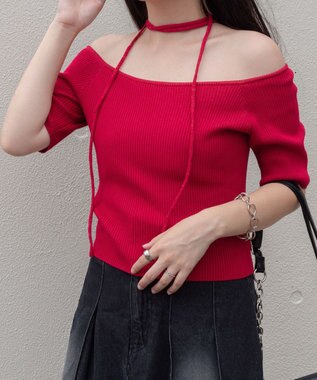 WEGO チョーカーリボン付きオフショルニット レッド