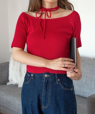 WEGO チョーカーリボン付きオフショルニット レッド