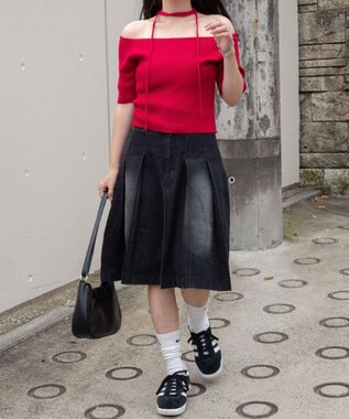 WEGO チョーカーリボン付きオフショルニット レッド