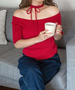 WEGO チョーカーリボン付きオフショルニット レッド