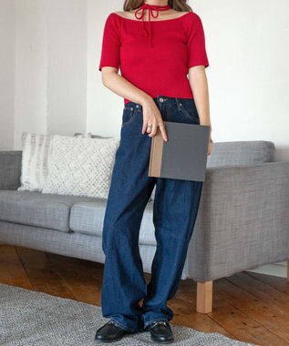 WEGO チョーカーリボン付きオフショルニット レッド