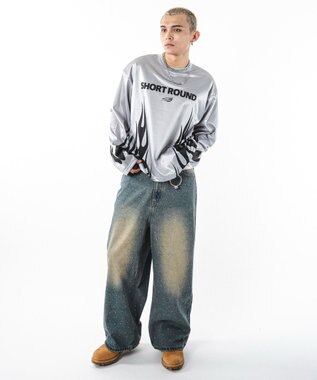 WEGO 【ユニセックス着用ITEM】スーパーバギーラインストーンデニムパンツ デニム中濃加工色