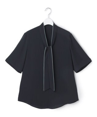 ICB L 【新色追加】BackSatinAmunzen 5分袖配色ボウタイブラウス ネイビー×ダークセージ