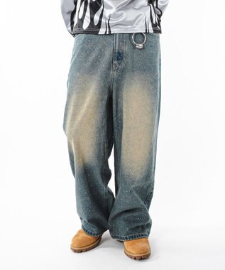 WEGO 【ユニセックス着用ITEM】スーパーバギーラインストーンデニムパンツ デニム中濃加工色