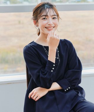 Tiaclasse 【ダブルクロス】パフスリーブペプラムチュニックブラウス ネイビー