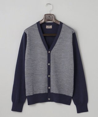 GOTAIRIKU 体温調整に【洗える/チクチクしにくい/ピリングしにくい】イタリア糸 ハイゲージ カーディガン_WOOL100% ネイビー×バーズアイ柄(25年新色)
