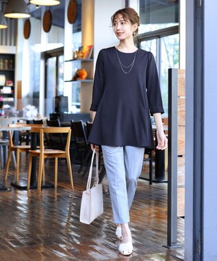 Tiaclasse L 【小倉優子さん着用・選べる袖TYPE・洗える】バックフレアチュニック 七分袖ネイビー