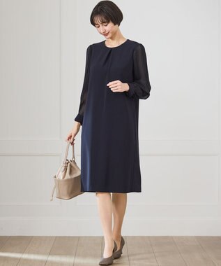 23区 S 【セットアップ対応/洗える】トリアセダブルジョーゼット シフォンスリーブ ワンピース ネイビー系