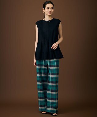 自由区 【SHIHOさん着用・セットアップ対応】コットンリネンチェックワイドストレート パンツ グリーン×ネイビー系