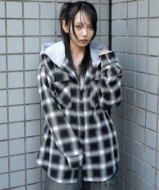 WEGO 裏毛フードチェックシャツ ブラックチェック1