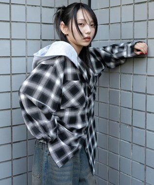 WEGO 裏毛フードチェックシャツ ブラックチェック1