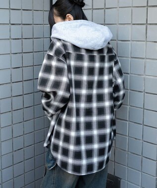 WEGO 裏毛フードチェックシャツ ブラックチェック1