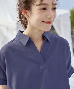 Tiaclasse 【洗える】 リネンミックススキッパーシャツ ブルー