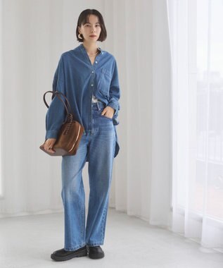 WEGO 【ANGIE VINTAGE】オーバーサイズ バンドカラー デニムシャツ ブルー