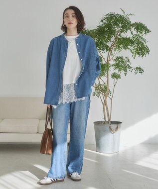 WEGO 【ANGIE VINTAGE】オーバーサイズ バンドカラー デニムシャツ ブルー