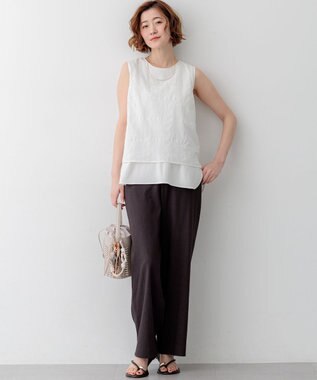 23区 リネンレーヨンストレッチ ワイドパンツ ダークブラウン系