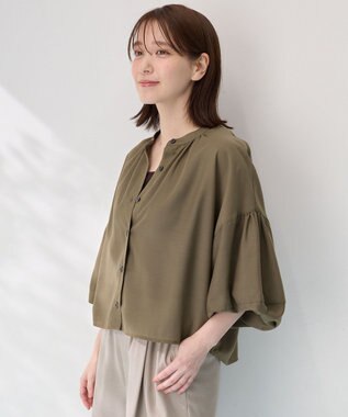 ANY L シアーテックリネンギャザーブラウス カーキ