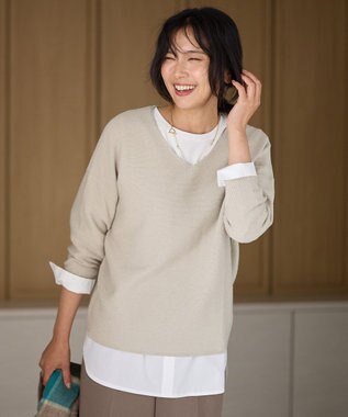 ANY 【洗濯機可】Ｖネックラメガーターニット サンドベージュ