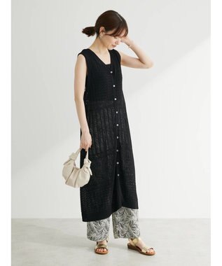 Green Parks すかし柄ロングベスト Black