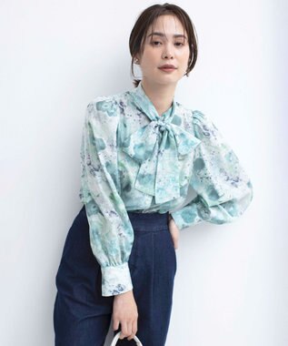 組曲 【前後着用可】ピオニーシフォンプリント ボウタイブラウス グリーン系5