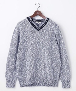 JOSEPH ABBOUD 【キングサイズ・洗える・イタリア糸使用】コットンスラブ Vネック ニット ネイビー系