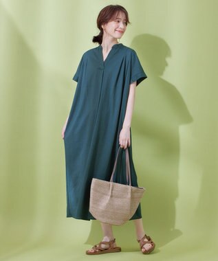 ANY 【洗濯機可能/ストレッチ】ナチュラルワッシャーワンピース ブルーグリーン
