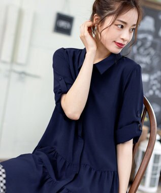 Tiaclasse L 【洗える】1枚で大人華やぐ2段ティアードシャツチュニック ネイビー