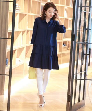 Tiaclasse L 【洗える】1枚で大人華やぐ2段ティアードシャツチュニック ネイビー