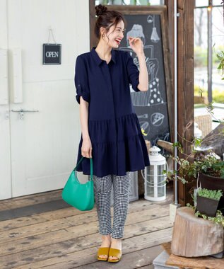 Tiaclasse L 【洗える】1枚で大人華やぐ2段ティアードシャツチュニック ネイビー