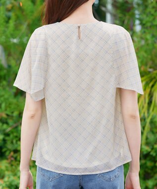 Tiaclasse 【洗える】チェック柄ハンカチスリーブブラウス ベージュ