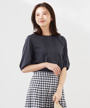 J.PRESS LADIES 【洗える】ラミーポプリン クルーネック ブラウス スレート系