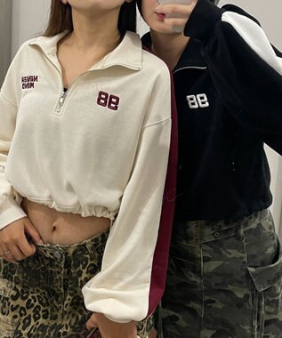 WEGO 刺繍ハーフジップショートスウェット ブラック