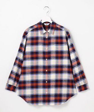 J.PRESS LADIES L コットン起毛タータンチェック シャツ ブラウス オフ×ネイビー×レッドチェック系
