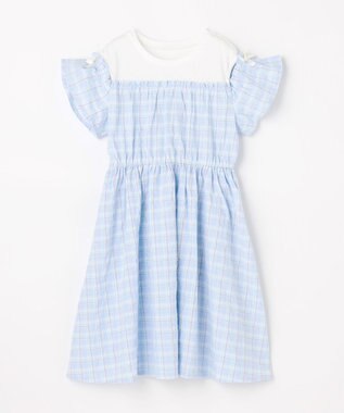 ANY KIDS 【洗濯機可能】オンオフショルダーワンピース サックスブルー×チェック