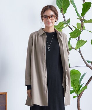 Tiaclasse 【洗える】ウール調パールボタンシャツチュニックブラウス モカ