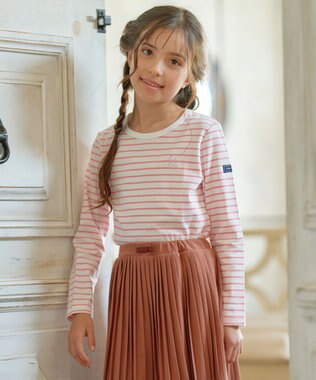 組曲 KIDS 【150-160cm】長袖ボーダー Tシャツ アプリコット×オフホワイト