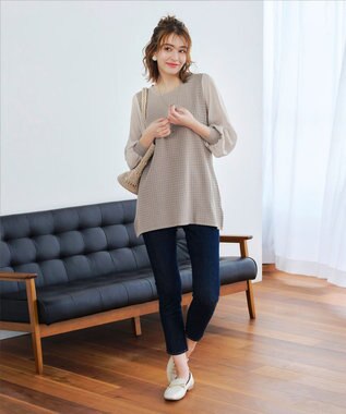 Tiaclasse L 【新色追加・洗える】シアーチェック柄ニットチュニック グレージュ