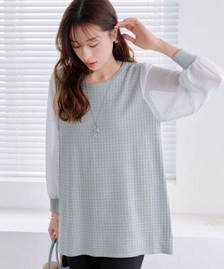 Tiaclasse L 【新色追加・洗える】シアーチェック柄ニットチュニック グレー