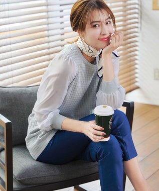 Tiaclasse L 【新色追加・洗える】シアーチェック柄ニットチュニック グレー