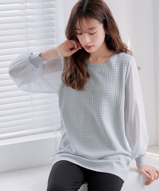 Tiaclasse L 【新色追加・洗える】シアーチェック柄ニットチュニック グレー