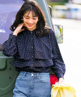 ANY SIS ラッフルレイヤード ブラウス ネイビードット