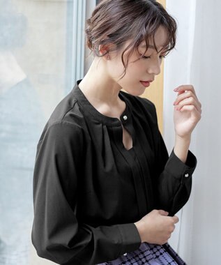 Tiaclasse L 【新色追加・洗える】バンドカラー2WAYタックブラウス ブラック