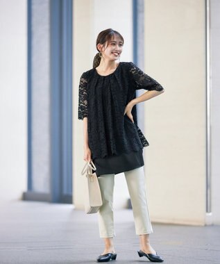 Tiaclasse L 【洗える】スカラップレースチュニックブラウス ブラック