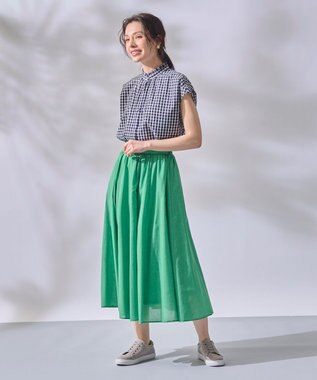 ANY L 【ウエストゴム/ポケット付】シャンブレーライク フレアスカート グリーン