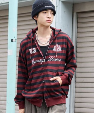 WEGO 【ユニセックスITEM/MLサイズ展開】ナンバリングカットZIPパーカー レッドボーダー