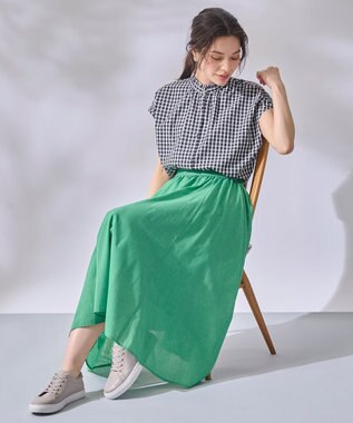 ANY L 【ウエストゴム/ポケット付】シャンブレーライク フレアスカート グリーン