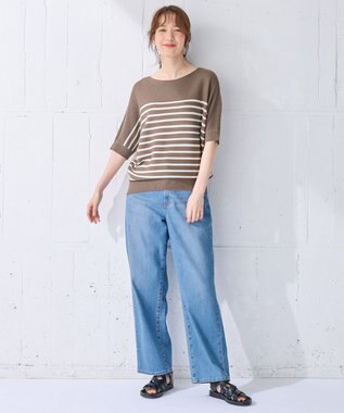 ANY 【洗濯機可/UVカット/アンチピリング】ハーフスリーブガーターニット グレージュ×アイボリー